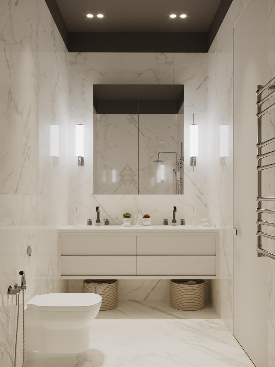 The design of the bathroom boasts a sleek and understated aesthetic